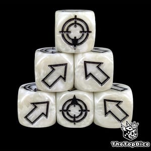 May include: A stack of six white dice with black symbols. The symbols include a target reticle and arrows. The dice have a pearlescent finish and are arranged against a black background. The logo "TheTopDice" is in the bottom right corner.