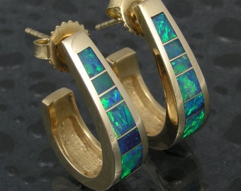 Australian opal inlay earrings in 14k gold by Mark Hileman