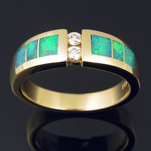 Australian opal inlay ring in 14k gold with diamonds