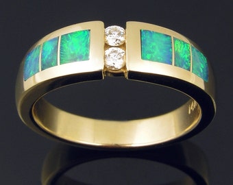 Australian opal inlay ring in 14k gold with diamonds