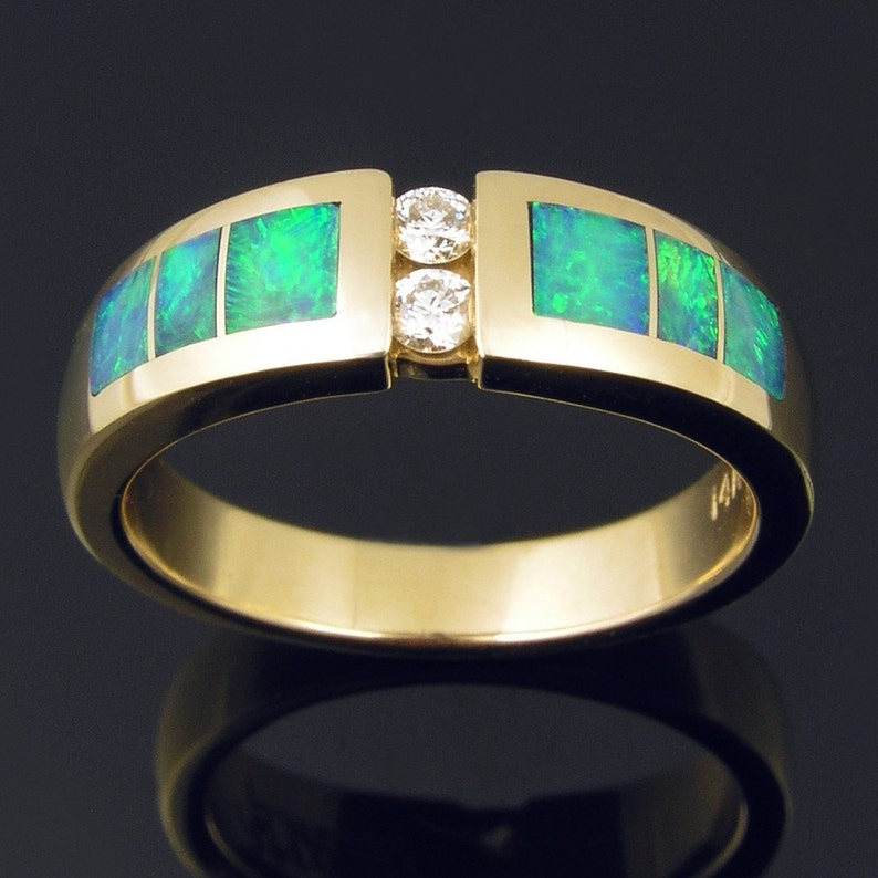 Australian opal inlay ring in 14k gold with diamonds image 1