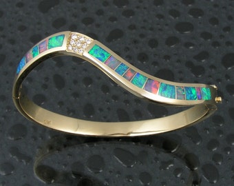 Australian opal bracelet with diamonds in 14k gold