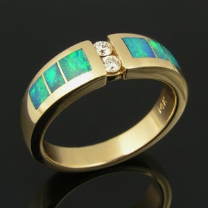 Australian opal inlay ring in 14k gold with diamonds image 2