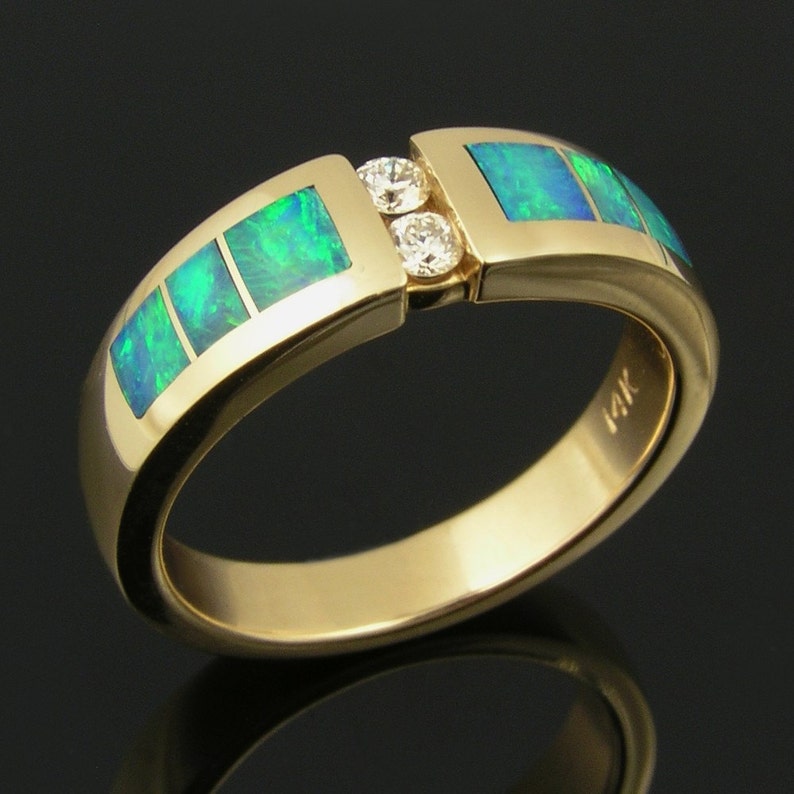 Australian opal inlay ring in 14k gold with diamonds image 2