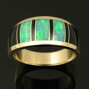 Australian opal ring with black onyx inlay in 14k gold