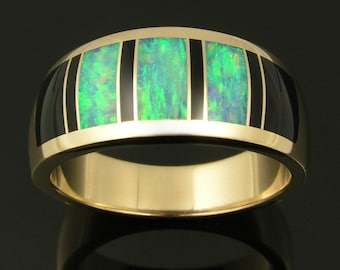 Australian opal ring with black onyx inlay in 14k gold