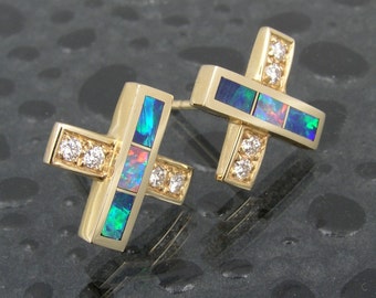 Australian opal earrings in 14k gold with diamond accents