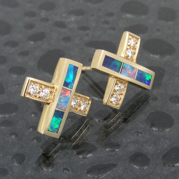 Australian opal earrings in 14k gold with diamond accents