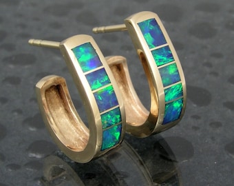 Australian opal inlay 14k gold hoop earrings