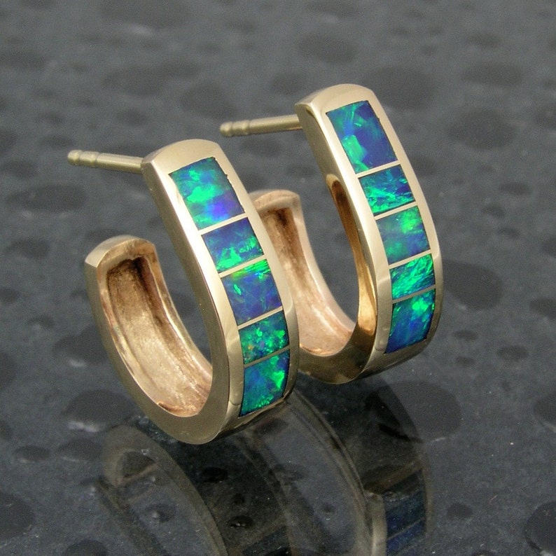Australian Opal Inlay 14k Gold Hoop Earrings Etsy