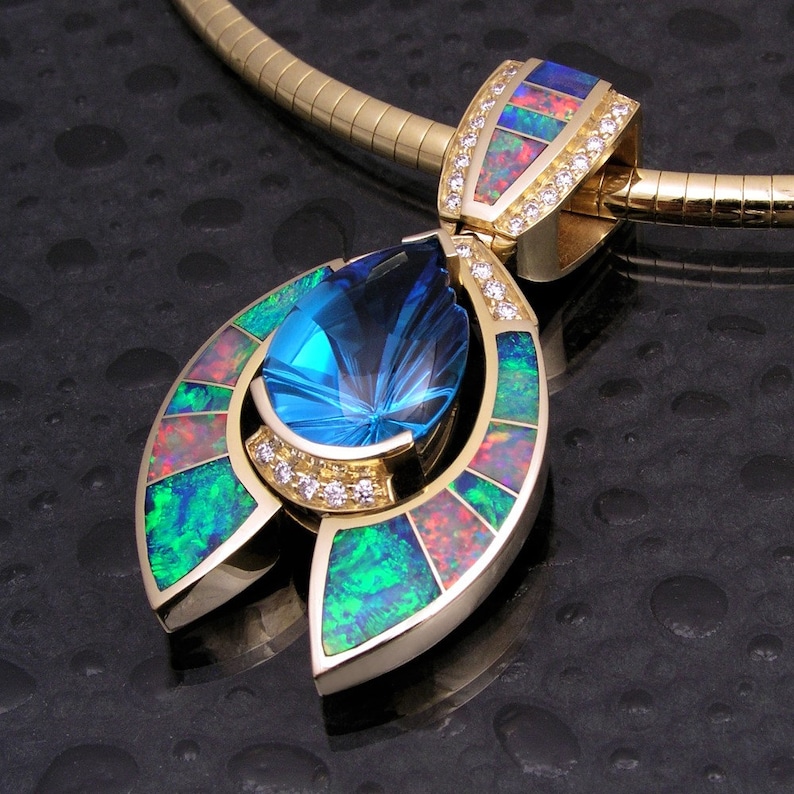 Australian opal pendant with topaz and diamond accents image 3