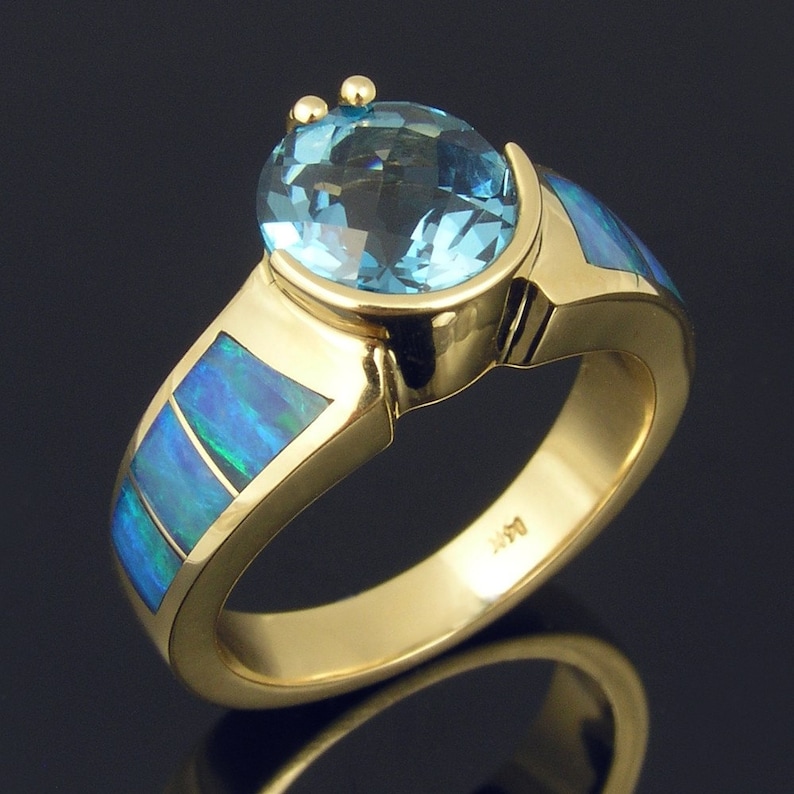 Australian Opal Ring With Blue Topaz in 14k Gold - Etsy