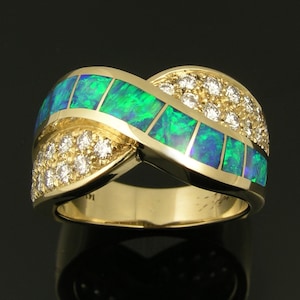 Australische opaal trouwring met diamant accenten - Diamond en Opal Ring - Opal trouwring met diamanten