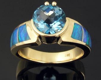 Australian opal ring with blue topaz in 14k gold