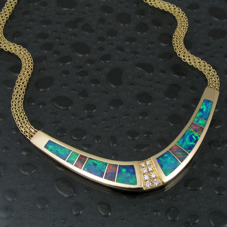 Australian Opal Necklace in 14 Karat Gold With Diamonds - Etsy