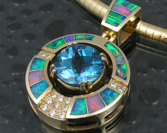 Australian opal pendant with blue topaz and diamonds