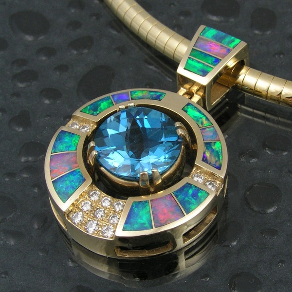 Australian opal pendant with blue topaz and diamonds