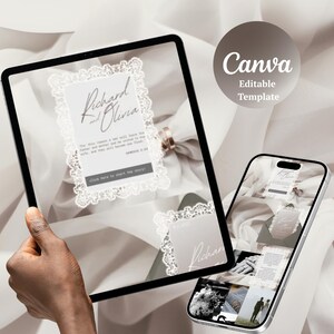May include: A tablet and a smartphone displaying a digital wedding invitation template with a white lace border. The screen shows the names Richard and Olivia, a Bible verse, and a button labeled click here to start the story. A Canva logo is visible.