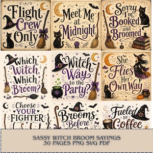 Op de afbeelding: Een verzameling van negen vierkante grafische ontwerpen met illustraties in heksenthema en teksten zoals Flight Crew Only, Meet Me at Midnight, Sorry I'm Booked and Broomed, Which Witch Which Broom, Witch Way to the Party, She Flies Her Own Way, Choose Your Fighter, Brooms Before en Fueled by Coffee.