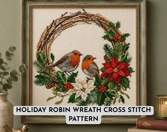 Holiday Robin Wreath Cross Stitch Pattern, Christmas Robin and Winter Wreath, Counted Cross Stitch Bird Pattern, Robin Embroidery Pattern