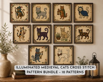 10 Illuminated Medieval Cats Cross Stitch Patterns Bundle, 10 Funny Cat Cross Stitch Patterns, DIY cross Stitch Pattern PDF