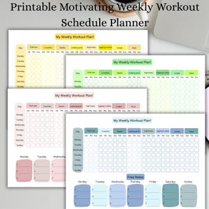 Puede incluir: Planificador de entrenamiento semanal imprimible con el texto "Printable Motivating Weekly Workout Schedule Planner". El planificador incluye secciones para ejercicios diarios como flexiones y zancadas.
