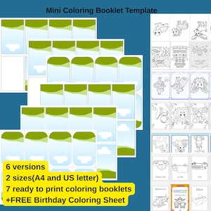 Pode incluir: Um modelo para mini livretos de colorir. A imagem mostra vários layouts de livreto com designs de céu azul e colinas verdes. A imagem também inclui uma variedade de páginas para colorir com veículos, animais e outras ilustrações. O texto na imagem diz "6 versões, 2 tamanhos (A4 e US letter)".