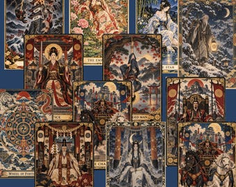 Puede incluir: Una colección de doce cartas de tarot rectangulares con intrincadas ilustraciones de inspiración japonesa. Cada carta muestra escenas detalladas con figuras en vestimenta tradicional, criaturas míticas, paisajes y bordes ornamentados con etiquetas.