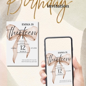 13.Geburtstags-Einladung, Coquette 13.Geburtstag, Tween Pink Bow 13.Geburtstag, Geburtstagseinladung, Beige Bow Template, 13.Geburtstagskind