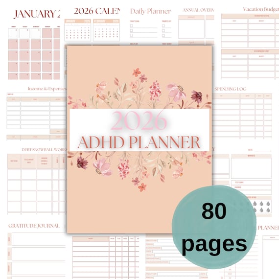 2026 ADHD Planner for Adults,  adhd Digital Planner, Digital Printable (80 Pages)