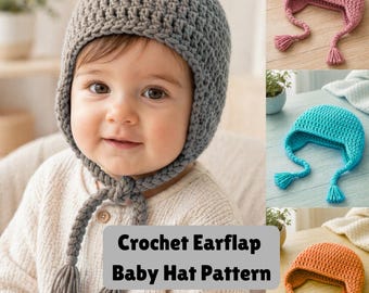 Padrão de chapéu de bebê com aba de orelha de crochê, tutorial de padrão PDF de chapéu de bebê, chapéu de bebê de crochê para iniciantes, padrão de gorro infantil, padrão de chapéu recém-nascido DIY