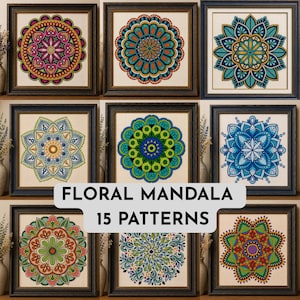 Könnte beinhalten: Eine Sammlung von neun gerahmten quadratischen Kunstwerken mit komplexen floralen Mandala-Mustern in verschiedenen Farbpaletten wie Pink, Türkis, Blau, Grün und Orange. Der Text "FLORAL MANDALA 15 PATTERNS" ist mittig über den Bildern platziert.