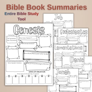 May include: A set of black and white Bible Book Summaries worksheets. The worksheets feature fill-in-the-blank sections for Genesis, Job, Ecclesiastes, Lamentations, Daniel, and Jonah. The title "Bible Book Summaries" is displayed at the top.
