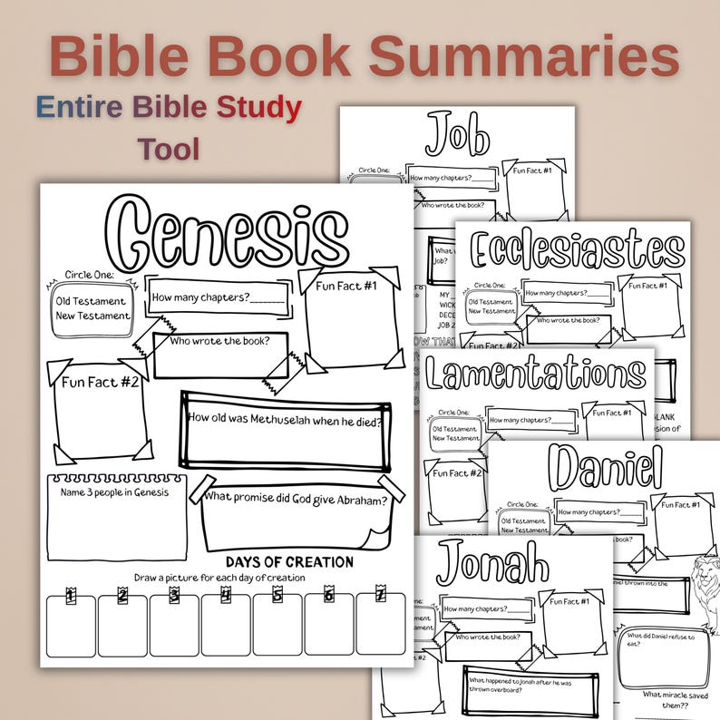 Printable Bible Study Worksheets, Book Summaries (PDF Download) - Etsy