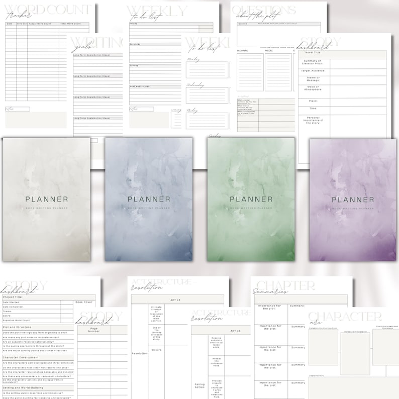 May include: A collection of writing planners and worksheets. The planners have watercolor-style covers in shades of white, blue, green, and purple. The worksheets include sections for word count, goals, and story development. The word "PLANNER" is printed on the front of each planner.