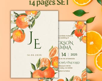 Editable Oranges Wedding Invite Bundle, Citrus Oranges Save the Date, Editable Wedding Bundle Oranges, Citrus Oranges Wedding Invitation Set