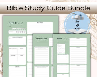 May include: A Bible Study Guide Bundle with a light green and white design. The bundle includes several pages with sections for daily study, reflection, and prayer. The text "Bible Study Guide Bundle" is at the top. A gift box graphic is included with the text "Free Gift Inside."