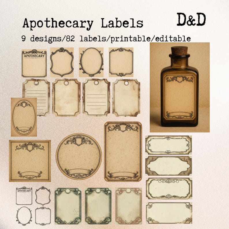 May include: Apothecary labels in various shapes and sizes, with a vintage aesthetic. The labels are in shades of beige and brown, with decorative borders and the text "Apothecary". A brown glass bottle with a cork stopper is also shown.