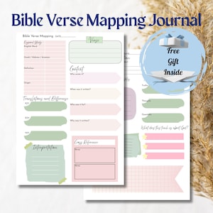 May include: A printable Bible verse mapping journal with a pink and green colour scheme. The journal includes sections for the verse, context, translations and differences, interpretation, and cross references. The text "Free Gift Inside" is in a blue circle with a white ribbon.