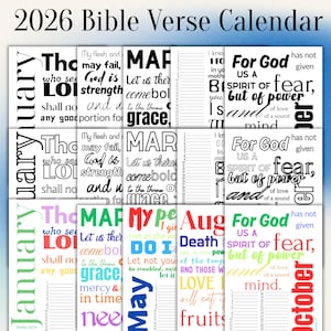May include: A 2026 Bible Verse Calendar with monthly pages. Each page features a different Bible verse in a variety of fonts and colours. The calendar includes the months of January, March, May, August, and October.