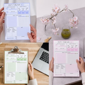 May include: A collection of GLP-1 weekly tracker notepads in various colors: blue, green, and pink. Each notepad features sections for injection day notes, weekly check-in, weekly health goals, and side effects. The notepads are held by hands.