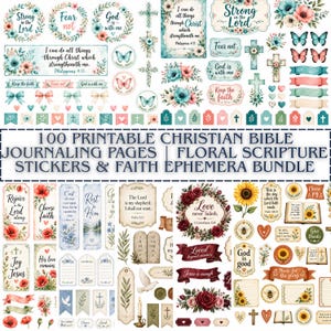 100 Printable Christian Bible Journaling Pages, Floral Scripture & Faith Ephemera Bundle, Junk Journal Kit Scripture, Christian Bible Verse