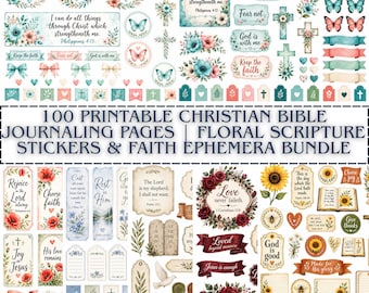 100 Printable Christian Bible Journaling Pages, Floral Scripture & Faith Ephemera Bundle, Junk Journal Kit Scripture, Christian Bible Verse