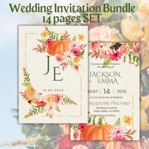 Könnte beinhalten: Hochzeitseinladungs-Bundle mit floralen Designs und einem Kürbis. Die Einladung enthält das Datum "14.06.2025" und Details für die Hochzeit von Jackson & Emma in Meadows Vineyard. Das Set umfasst 14 Seiten.
