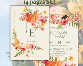 Pumpkin Wedding Invitation Set: Editable Fall Stationery (Canva Template, Digital Download