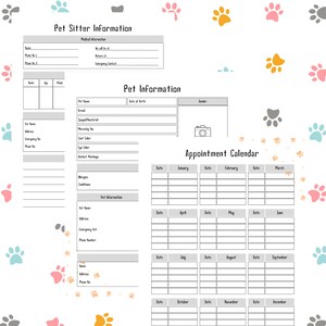 May include: A white pet care planner with sections for pet sitter information, pet details, vet information, and an appointment calendar. The planner is decorated with paw prints in various colors.