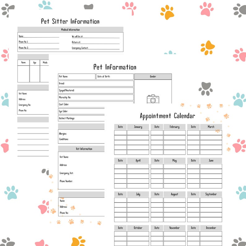 May include: A white pet care planner with sections for pet sitter information, pet details, vet information, and an appointment calendar. The planner is decorated with paw prints in various colors.