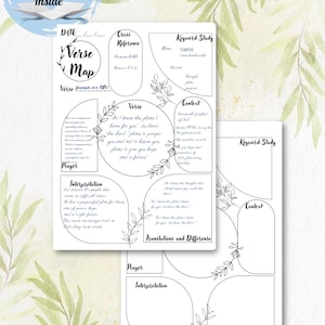 May include: A Bible Verse Mapping printable with a floral design. The design includes sections for verse, context, prayer, and interpretation. The text "Bible Verse Mapping" is at the top. A gift box graphic is in the upper left corner.