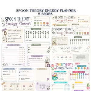 May include: A collection of five Spoon Theory Energy Planner pages featuring various layouts for tracking daily energy, moods, and activities. The designs include illustrations of spoons, plants, and flowers, with sections for self-care, reflections, and gentle reminders.