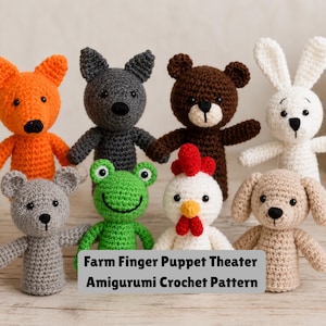 May include: A collection of handmade amigurumi finger puppets in the shape of farm animals. The puppets include a fox, wolf, bear, rabbit, mouse, frog, chicken, and dog. The text on the image reads: "Farm Finger Puppet Theater Amigurumi Crochet Pattern."